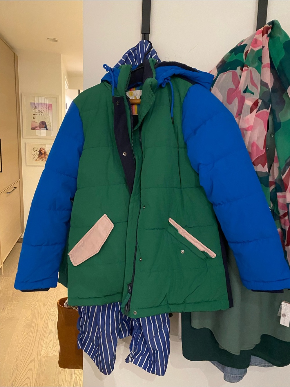 Boden Green & Blue Hooded Women’s Puffer Jacket with Pink Trim